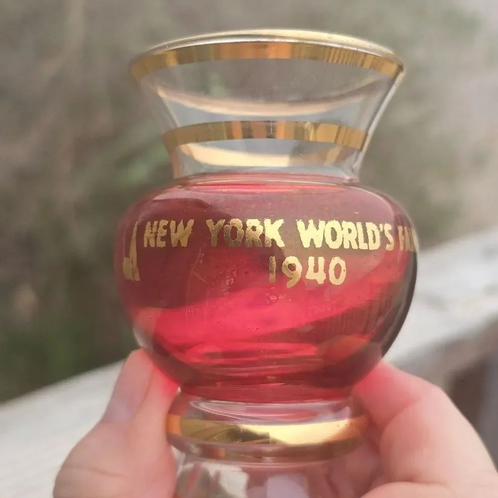 1940 New York World's Fair Souvenir Vase | Ruby/Cranberry Glass with Gold Trim